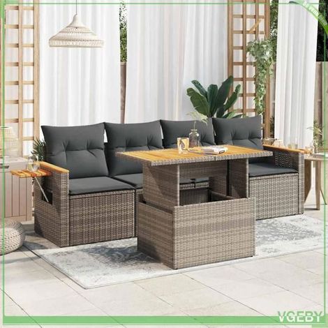 Salon de jardin 5 pièces - Mod. 3327546 - Résine tressée & acacia - Coussins déhoussables - Rangement sous assise (1/5)