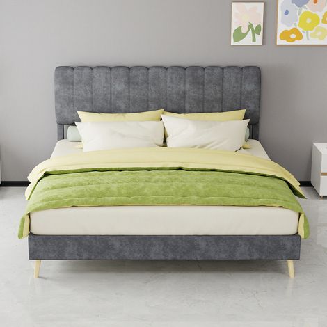Bett Stoff und Metall Grau 160x200 cm mit gepolstertem Kopfteil (1/5)