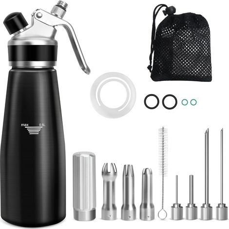 Siphon, 500 ml Siphon for Mousses and Creams, Cakes and Desserts, Cream Syphon with 4 Injector Tips, 3 Stainless Steel Nozzles, Mesh Bag, Cleaning Brush (1/5)