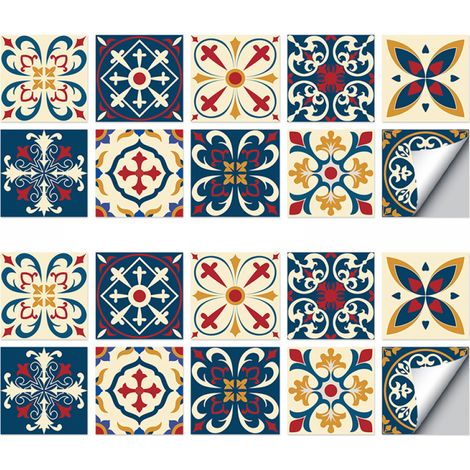 Papier peint autocollant vintage jaune et rouge, 20 x 20 cm, imperméable, lot de 20 (1/5)