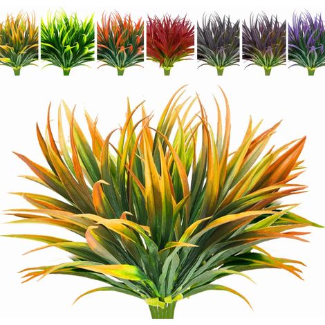 Set mit 8 UV-beständigen künstlichen Gartenpflanzen – Hohe Gräser, tropische Blumen und künstliche Sträucher für Frühlings-, Sommer- und Herbstpflanzgefäße – Orange