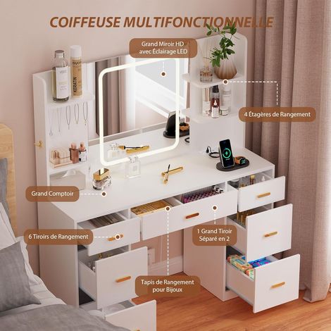 Dewinner – Coiffeuse enfant avec miroir lumineux LED – 107 x 40 x 140 cm – 7 tiroirs, 4 étagères, 5 crochets – Prises AC et USB intégrées