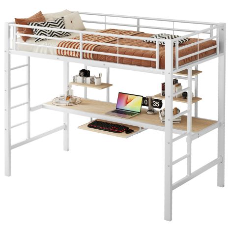 Lit mezzanine, structure en métal, lit en fer, lit mezzanine avec bureau et deux étagères pour enfants, adolescents et adultes (1/5)
