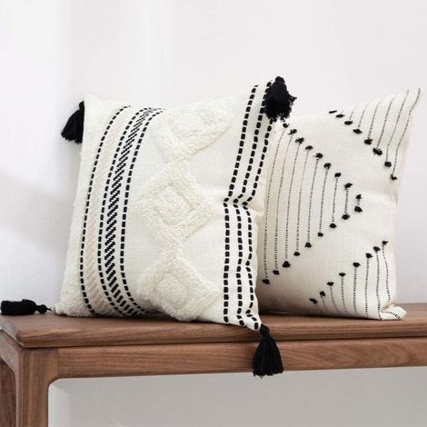 Housse de coussin bohème 45 x 45 cm, taie d'oreiller décorative douce avec pompon touffeté, décoration d'intérieur (1/4)