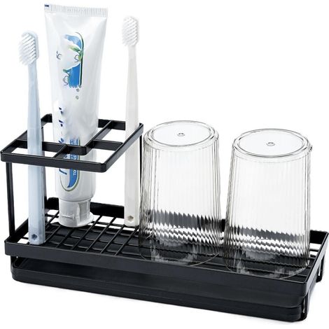 Porte-brosse à dents salle de bain avec 2 verres, 4 fentes métal pour brosse électrique, organiseur familial plan de travail (noir)