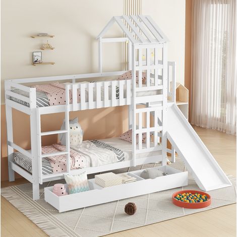 Cama litera infantil estilo casita de madera y MDF blanca 90x200 cm con tobogán, escalera de 3 peldaños y cajón grande