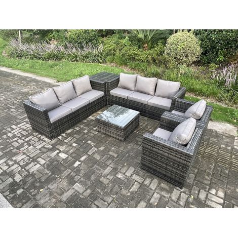 Fimous 8 Seater Rattan Garden Furniture Set Patio Outdoor Lounge Sofa Set with 2 Armchairs Side Table Square Coffee Table Dark Grey Mixed (1/5)