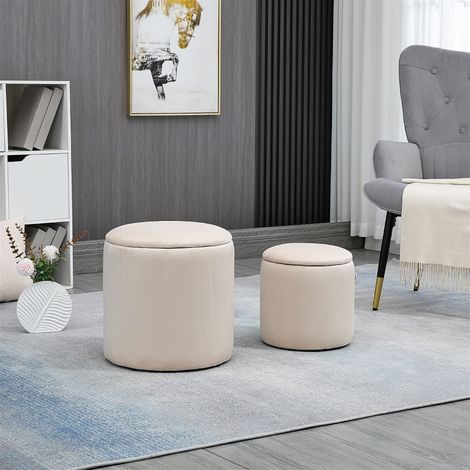 Lot de 2 poufs tabourets repose-pieds coffre de rangement en tissu aspect velours côtelé Ø40 cm et Ø30 cm, crème (1/5)