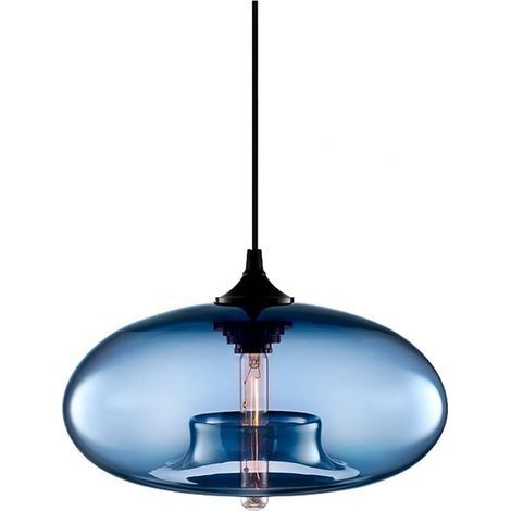 Suspension vintage industrielle E27 en verre coloré bleu (1/5)