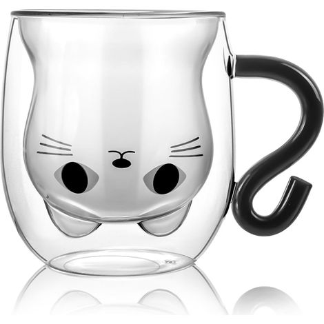 Tasse en verre à double paroi en forme de chat mignon, 100% borosilicate épais avec poignée, résistant à la chaleur (1/5)