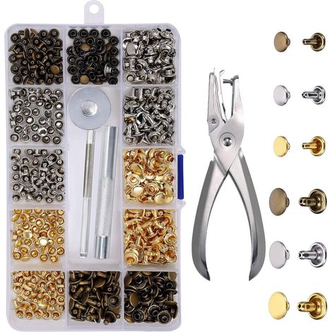Rivets en cuir, lot de 180, 2 tailles, rivets tubulaires métalliques doubles, avec outil de fixation en 3 parties et pince à poinçonner pour le bricolage (1/5)