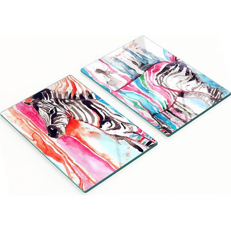 Tablas de servir de cristal para cocina con coloridos estampados de cebra, 2 x 40 x 52 cm. (1/5)