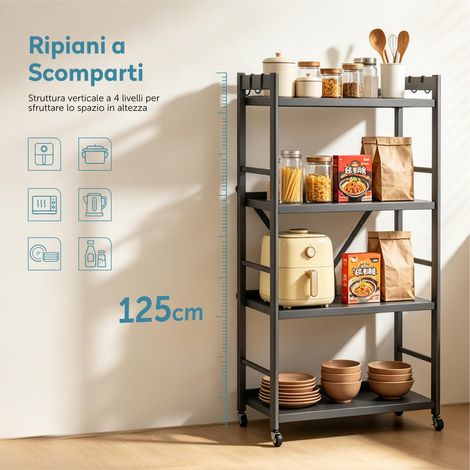 doporro Scaffale da Cucina a 4 Ripiani con Ruote, Carrello da Cucina in Metallo Pieghevole, 4 Ganci Laterali, Portaoggetti per Condimenti, Pentole e Elettrodomestici, Grigio, 60x41x125cm, Reglo-13