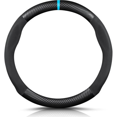 Round Shape Carbon Fibre & Microfibre PU Leather Steering Wheel Cover Non-Slip Car Steering Wheel Cover Breathable Sport Car Steering Wheel Cover for Diameter 38 cm (15 Inches) - Black Blue (1/5)