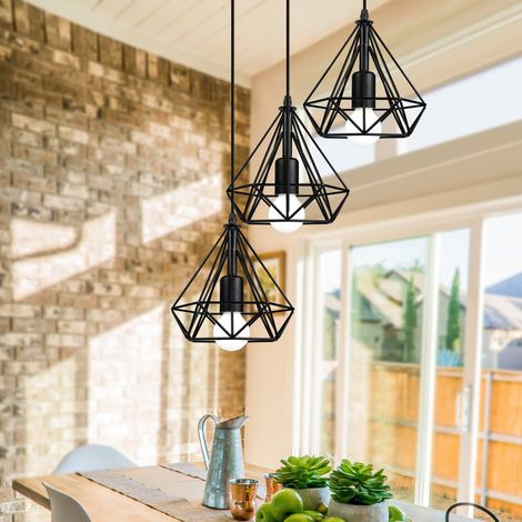 Pendant Light Fixture, 3 Lights Metal Hanging Ceiling Lamp, Vintage Ø20cm Diamond Chandelier with Cage for Bedroom Living Room Kitchen Island (Black) (1/5)
