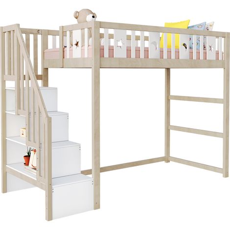 Lit mezzanine enfant 90 x 200 avec échelle, rangements intégrés et sécurité renforcée, blanc et bois clair, pour chambre gain de place  CHICFURN (1/5)