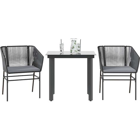 vidaXL 3-tlg. Garten-Essgruppe mit Kissen Schwarz Poly Rattan Glas