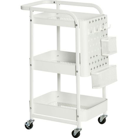 Chariot de cuisine avec panneau perforé, porte-serviettes et paniers de rangement, 51,5 cm x 32 cm x 75,6 cm, blanc (1/5)