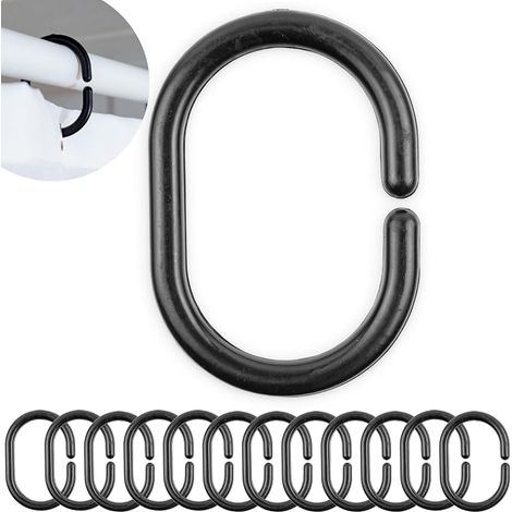 Duschvorhangringe, 12 Stück, Schwarz, Größe 46 x 29 mm, robuste Kunststoffringe, Haken passend für Duschvorhangstangen, schwarze Duschvorhangschlaufe (1/5)