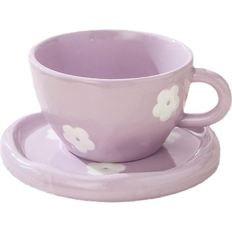Set da caffè con piattino, con un grazioso motivo floreale viola, regalo di compleanno per donne, tazza da caffè con piattino, tazza in ceramica da 250 ml, adatta come regalo di compleanno per donne e (1/2)