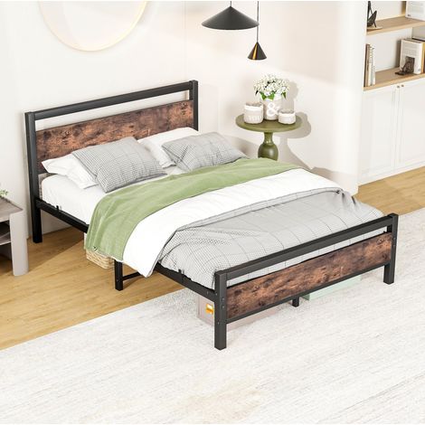 Bett 140 x 190 cm aus Metall und MDF mit Lattenrost, stabile Konstruktion und Stauraum (1/5)
