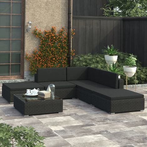 6 Piece Garden Lounge Set with Cushions Poly Rattan Black vidaXL (1/5)