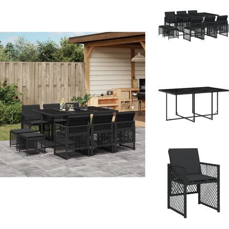 11-tlg. Garten-Essgruppe mit Kissen Schwarz Poly Rattan - Garten Essgruppe - Garten Essgruppen - Outdoor Essgruppe - Terrasse Essgruppe (1/5)