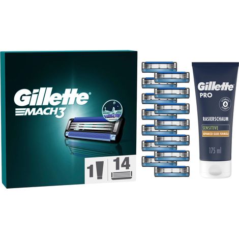 Gillette Mach3 Systemklingen + Gillette Skin Ultra Sensitive Rasiercreme 175 ml Ersatzklingen 14er