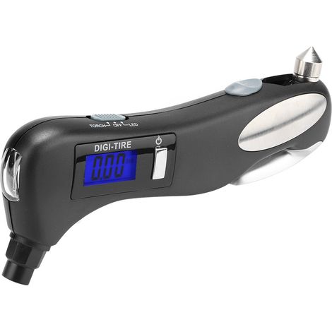 Multifunktionale Outdoor-Taschenlampe, Auto-Notfallwerkzeug, Reifendruckmesser, Schneidwerkzeug.