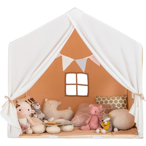 Tenda da gioco per bambini 131 x 91 x 131 cm con morbido tappetino e base antiscivolo stile adorabile legno di pino marrone 200014295