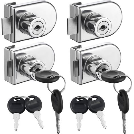 Sollbry Paquete de 4 cerraduras de seguridad para vitrinas de doble apertura, aptas para puertas de vidrio de 0,5 a 0,8 cm, llave independiente sin taladrar, aleación de zinc con 8 llaves. (1/4)