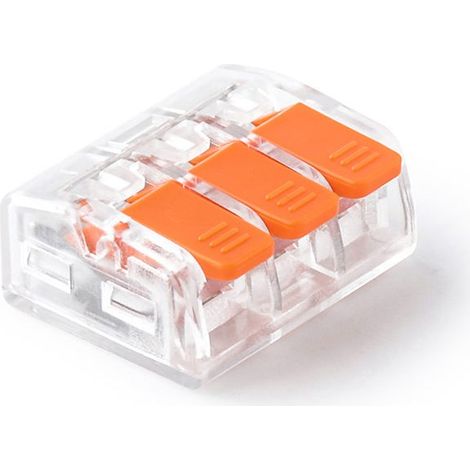 Sachet de 48 Connecteurs Électriques 3 Pôles Polycarbonate Transparent à Levier Large - Capacité 0.2 à 4 mm² - 32A / 450V AC -40°C/+105°C - Conformes EN 60998 et RoHS (1/3)