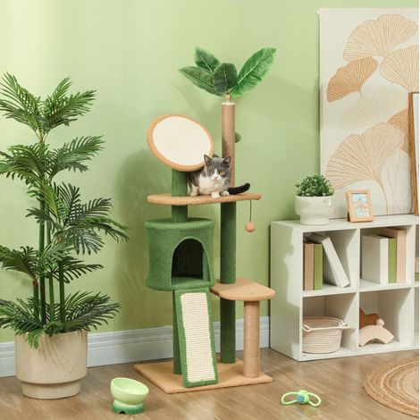Árbol para gatos de 139 cm con caseta, bola colgante, postes de sisal, verde HAVRYA (1/5)