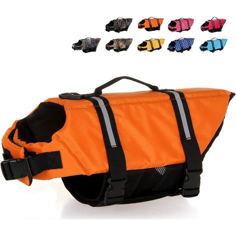 Gilet de sauvetage pour chien avec bandes réfléchissantes et ceinture ajustable, orange, taille L. (1/3)