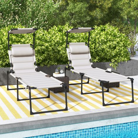 Set aus 2 klappbaren Sonnenliegen mit extra Komfort, verstellbarer Rückenlehne und mehrfach verstellbarem Sonnenschutz, cremefarben