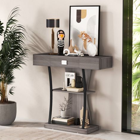 Design In – Table console 3 étagères pour entrée L91 x P30 x H88 cm – Tiroir 35 x 23,5 x 6 cm – 2 kits anti-basculement – Patins antidérapants - CW44058 (1/3)