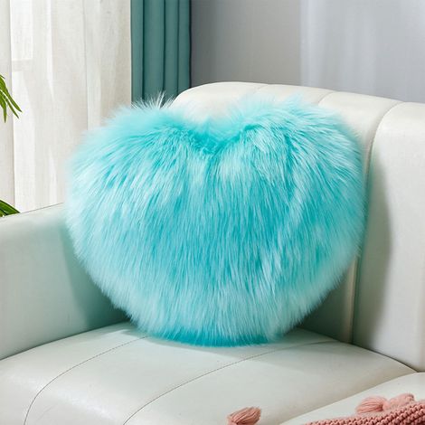 Coussin Décoratif Forme Cœur - 40 x 30 cm - Fourrure Synthétique Longue Pile - Bleu Ciel - Pour Canapé Lit Bureau - 1 Pièce (1/5)