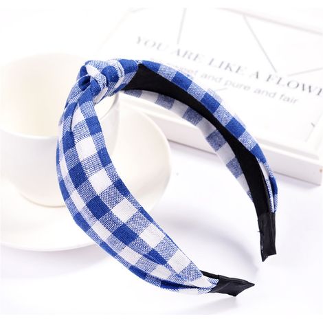 Accessoire de coiffure pour femme : serre-tête rond à pois et nœud croisé en tissu (bleu) (1/2)