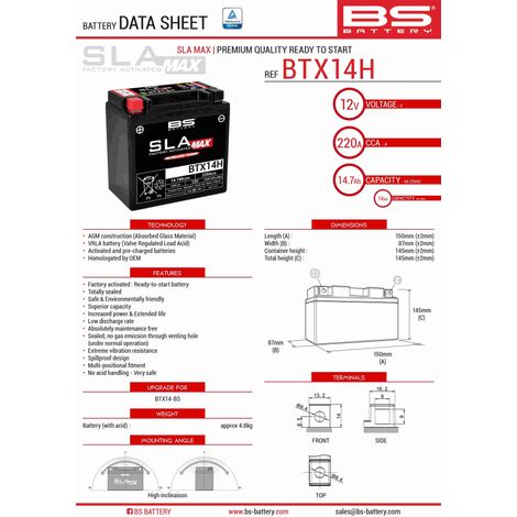 Batterie BS BTX14H MAX (FA) (YTX14-BS) 12V 14AH 150X87X145 SANS ENTRETIEN - À LINGETTES NUTRÉES (COURANT DE DÉMARRAGE AUGMENTÉ) (220A) - REMPLACE 300855 (BMW) (4)
