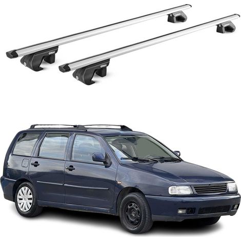 OMAC Dachträger Aluminium TÜV geprüft für VW Polo mk3 Variant 1994-2002 – Für Standard Dachreling – T Nut – Max 90 kg – 2 Schlösser Silber (1/5)