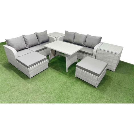 Fimous Patio Dining Table & Chairs Set Rattan High Back Lounge Sofa Set with 3 Seater Sofa 2 Side Tables 2 Big Stool Light Grey (1/4)