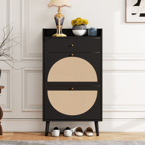 Meuble chaussures noir – 2 portes + 1 tiroir – Aspect rotin – Portes semi-circulaires – Double étagère – 60cm – Couloir (1/5)