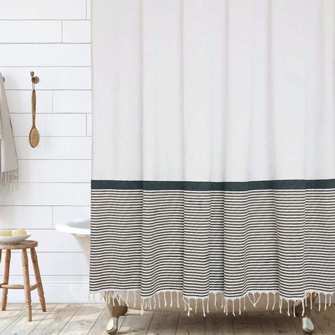 Rideau de Douche Moderne à Pompons 100% Coton à Rayures avec Pompons pour décoration de Salle de Bain Brun Clair, 182,9 x 182,9 cm (1/5)