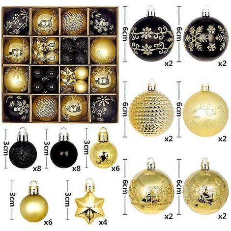 Boules de Noël pour sapin : 44 grosses boules multicolores, idéales pour les fêtes de famille. 44 boules noires et dorées. (1/5)