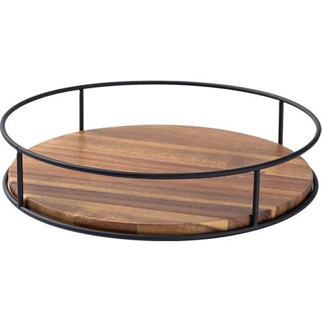 Bandeja giratoria de madera de acacia 29 cm marco metal, Bandejas giratorias grandes color marrón encimera, Plato madera servir embutidos quesos (1/2)