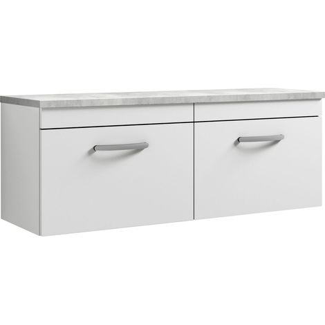 Millwich Contemporary 2 Drawer Wall Hung Vanity Unit with Laminate Black Galaxy Granite Worktop, Gloss White, 1200mm