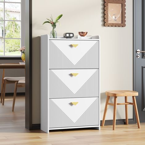 Schuhschrank aus MDF in Weiß, 70 x 30 x 120 cm, 3 Klapptüren, 6 Fächer, verstellbare Trennwände (1/5)
