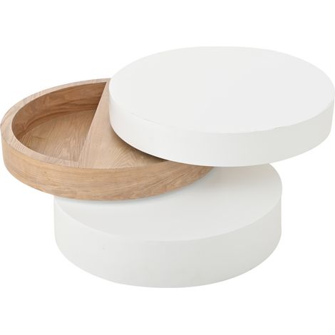 Mesa de centro cilíndrica giratoria 60 x 60 x 35,1 cm blanco y madera natural con almacenaje oculto (1/5)