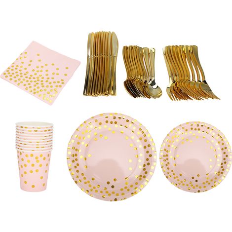 Ensemble de 70 assiettes en papier pour fêtes, matériau de qualité alimentaire, pratique et rapide  élégant ensemble de couverts jetables dorés avec base rose.