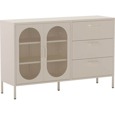 OLIVIA - Buffet 2 Portes Ajourées 3 Tiroirs en Métal Crème (1/5)